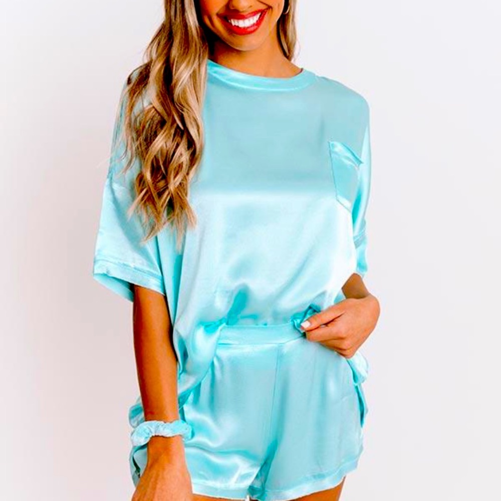 Slip Into Sweetness Satin Shift Top in Aqua M